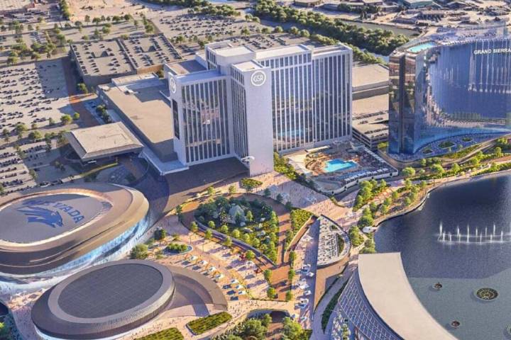 This rendering shows University of Nevada's future off-campus arena, left, set to be completed ...